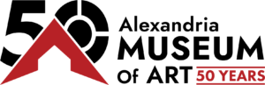 Horizontal Alexandria Museum of Art 50th anniversary logo featuring a large black “50,” the museum’s red architectural symbol and the words “Alexandria Museum of Art, 50 Years.”