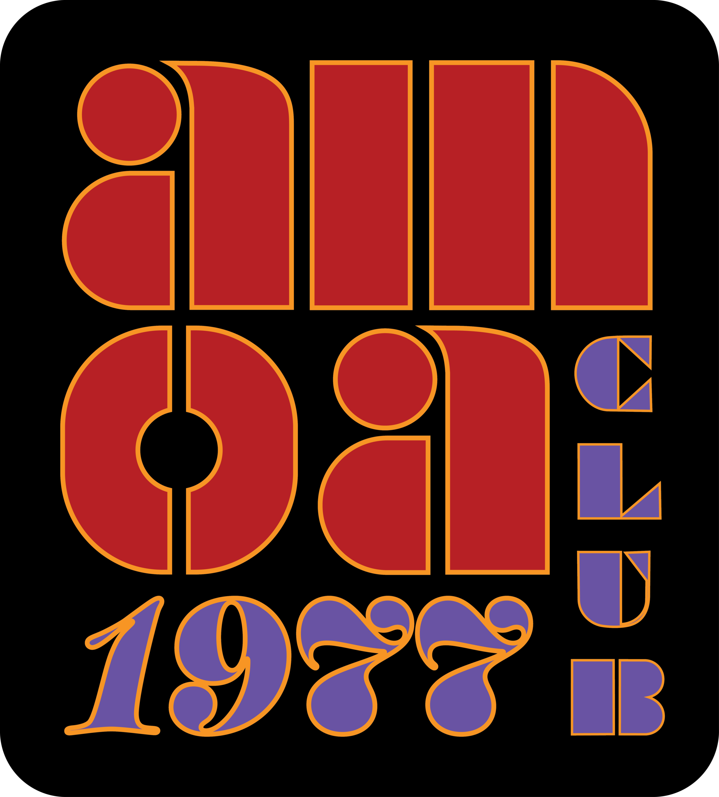 “AMoA 1977 Club” design featuring bold geometric lettering in red and purple with orange outlines on a black background.